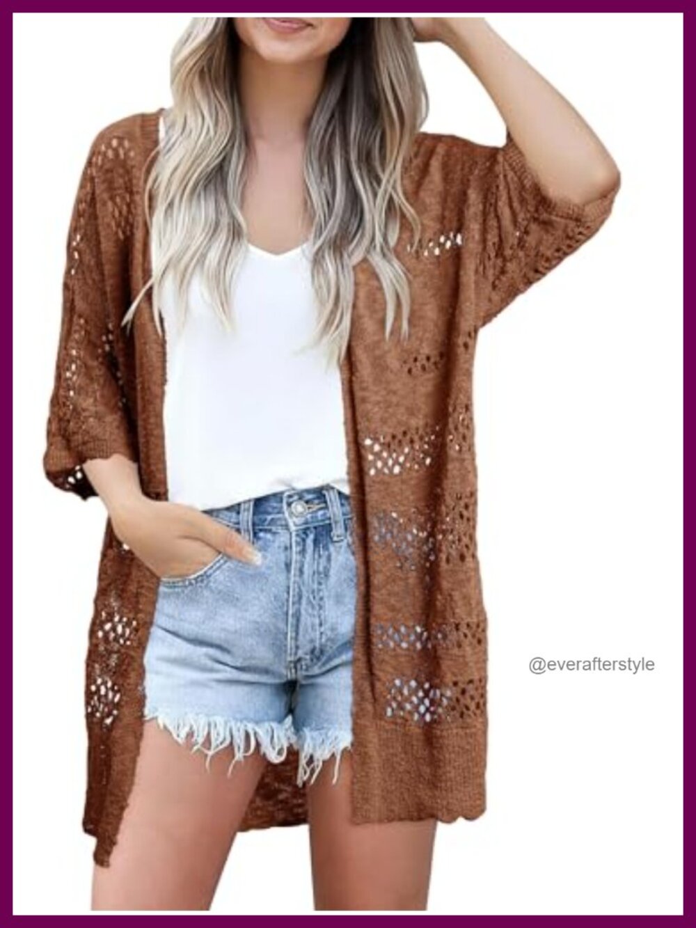 Women's Crochet Knit Open Front Cardigan Short Sleeve Boho Sweater